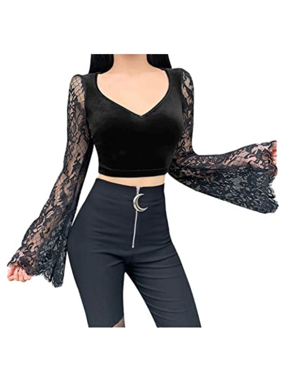 Women's Gothic Velvet Crop Top V-Neck Lace Long Sleeve Grunge Punk Shirt